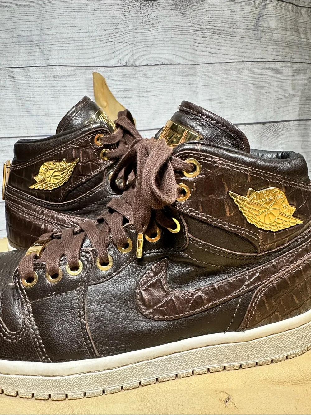 24K Gold Air Jordan 1 Retro High OG Pinnacle 'Croc' in Baroque Brown